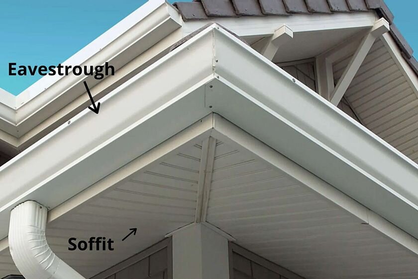 The side of a house with labels that indicate eavestrough and soffit
